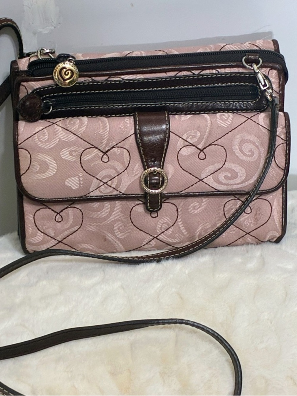 Brighton Aileen Dusty Rose Quilted Purse Pink Heart Burgundy Straps 7.5 in.